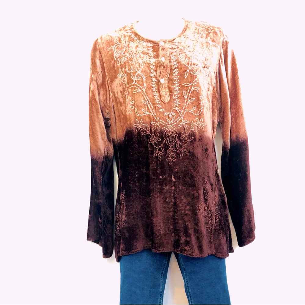 ML NY Brown Crushed Velvet Embroidered Top
